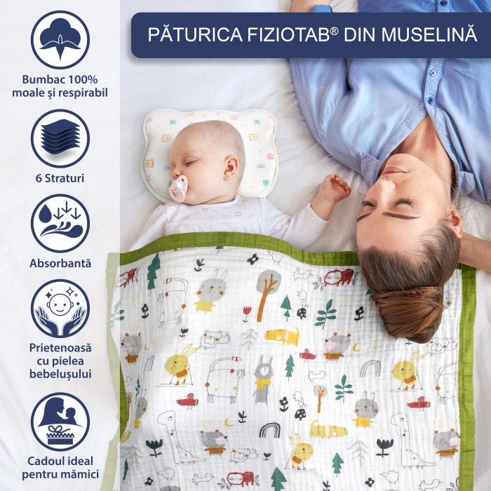 Paturica FizioTab® pentru Bebe, Muselina 6 Straturi, 110 x 110 cm, din Bumbac, Model Animale [2]