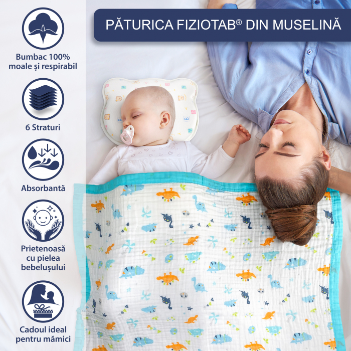 Paturica FizioTab® pentru Bebe, Muselina 6 Straturi, 110 x 110 cm, din bumbac, Model Dinozauri [2]