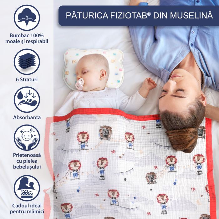 Paturica FizioTab® pentru Bebe, Muselina 6 Straturi, 110 x 110 cm, din Bumbac, Model Lei la Circ [2]