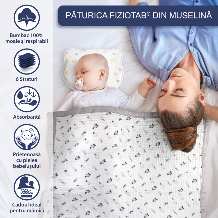 Paturica FizioTab® pentru Bebe, Muselina 6 Straturi, 110 x 110 cm, din bumbac, Model Pinguini [2]