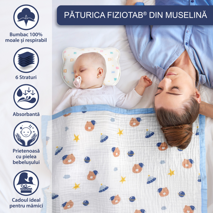 Paturica FizioTab® pentru Bebe, Muselina 6 Straturi, 110 x 110 cm, din bumbac, Model Ursi Spatiali [2]