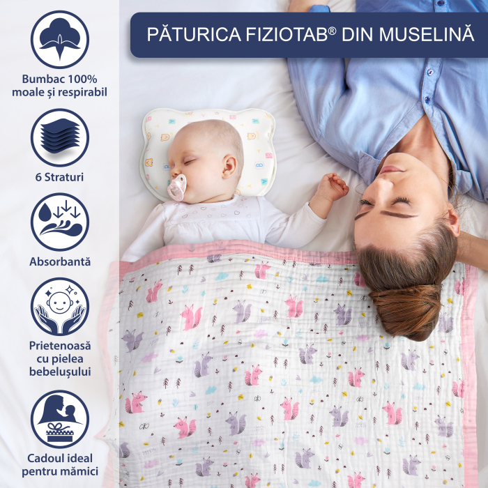 Paturica FizioTab® pentru Bebe, Muselina 6 Straturi, 110 x 110 cm, din bumbac, Model Veverite [2]