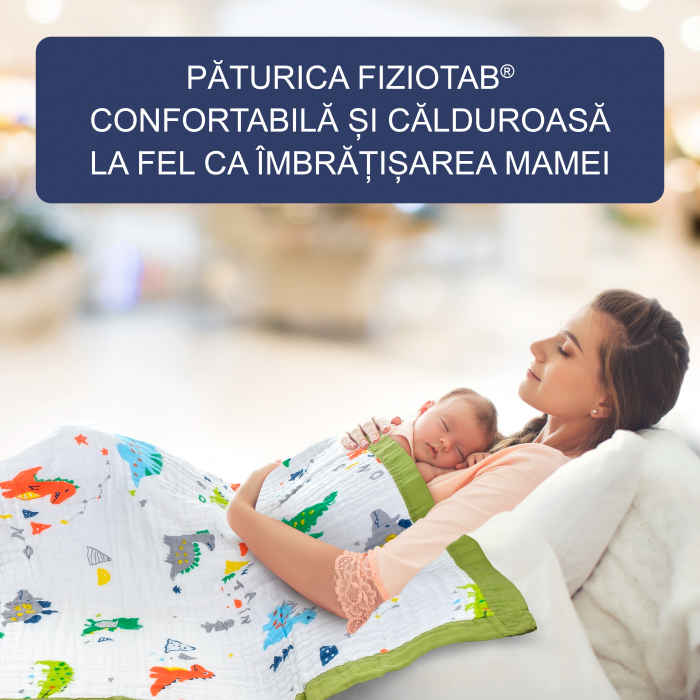 Paturica FizioTab® pentru Bebe, Muselina 6 Straturi, 110x110 cm, din Bumbac, 0-5 Ani, Dino [3]