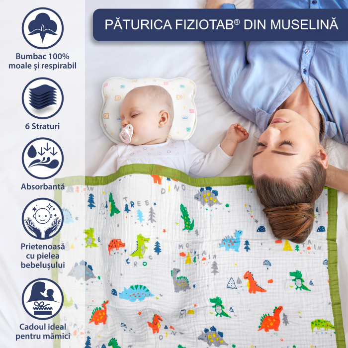 Paturica FizioTab® pentru Bebe, Muselina 6 Straturi, 110x110 cm, din Bumbac, 0-5 Ani, Dino [2]