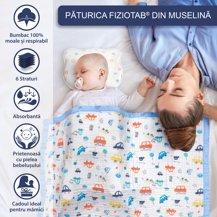 Paturica FizioTab® pentru Bebe, Muselina 6 Straturi, 110x110 cm, din Bumbac, 0-5 Ani, Model Masinute [2]