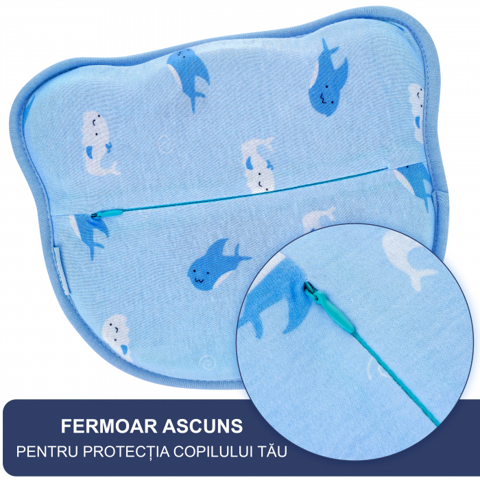 Perna Bebelusi FizioTab® Anti Plagiocefalie pentru Formarea Capului cu 2 Huse de Protectie, Spuma cu Memorie, Albastru, Balene [4]