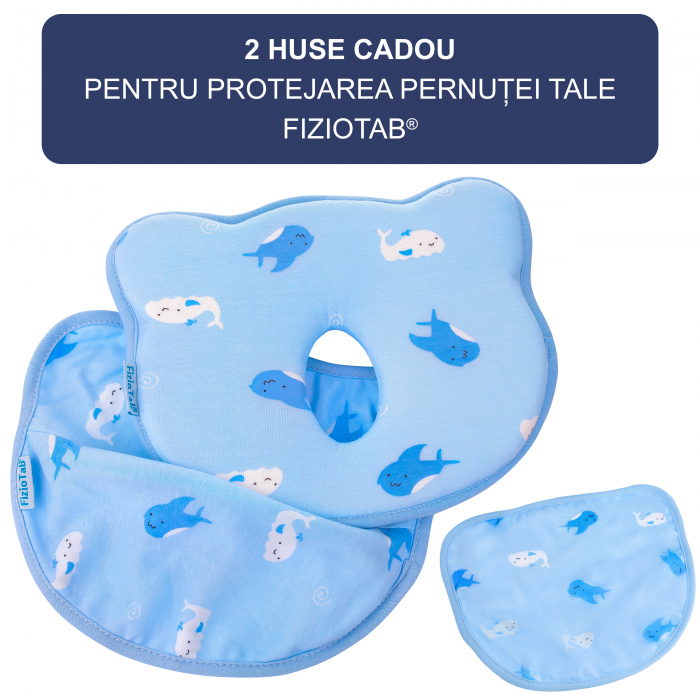 Perna Bebelusi FizioTab® Anti Plagiocefalie pentru Formarea Capului cu 2 Huse de Protectie, Spuma cu Memorie, Albastru, Balene [3]