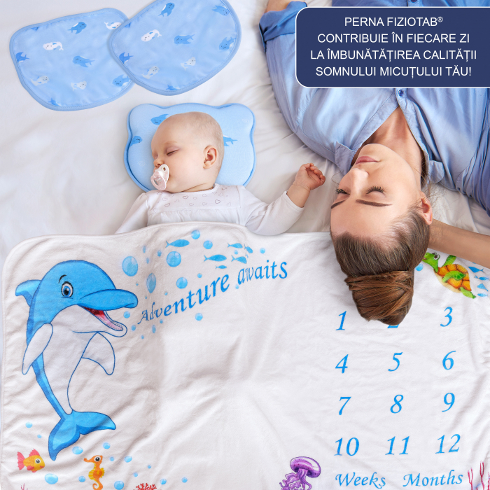 Perna Bebelusi FizioTab® Anti Plagiocefalie pentru Formarea Capului cu 2 Huse de Protectie, Spuma cu Memorie, Albastru, Balene [5]
