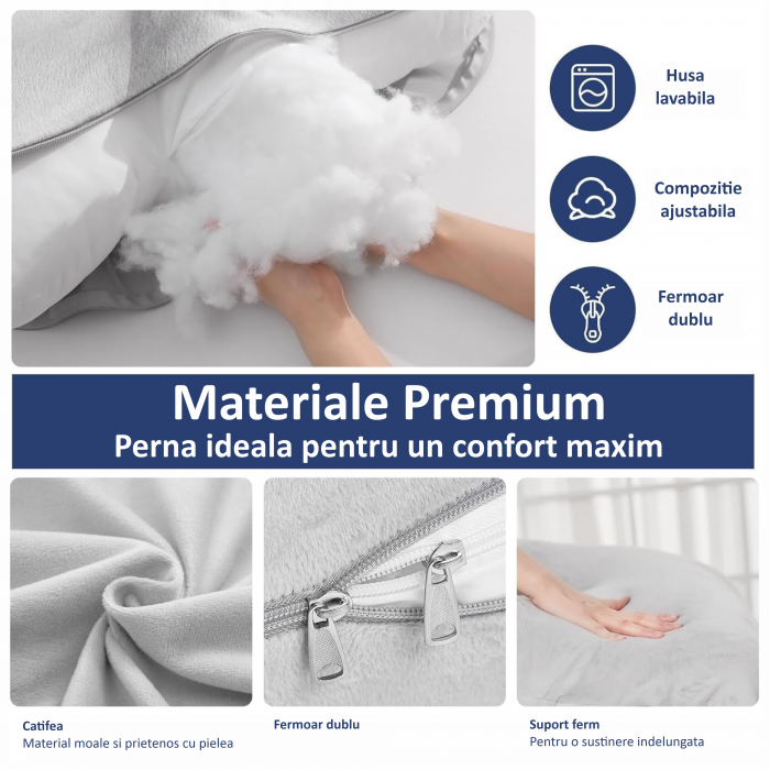 Perna Gravide FizioTab® cu Husa Detasabila, 70x145 cm, Forma Literei U, Velvet, Gri [2]