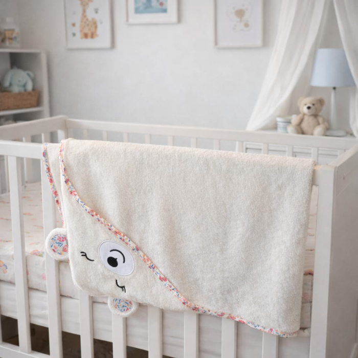 Prosop de Baie cu Gluga pentru Bebelusi din Bambus Super Absorbant si Moale FizioTab®, Tip Halat, 90X100 cm, 0-4 ani, Model Ursulet Alb/Roz Floral, Manusa inclusa [3]