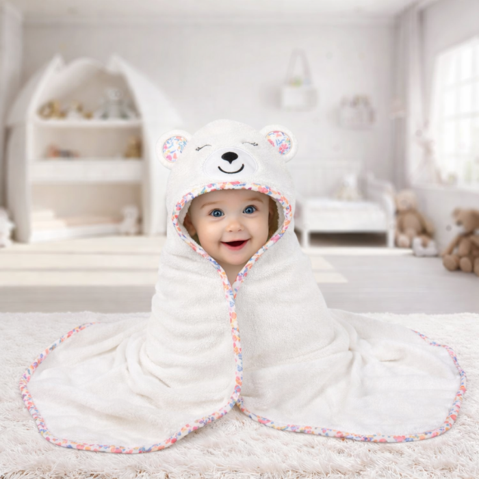 Prosop de Baie cu Gluga pentru Bebelusi din Bambus Super Absorbant si Moale FizioTab®, Tip Halat, 90X100 cm, 0-4 ani, Model Ursulet Alb/Roz Floral, Manusa inclusa [4]