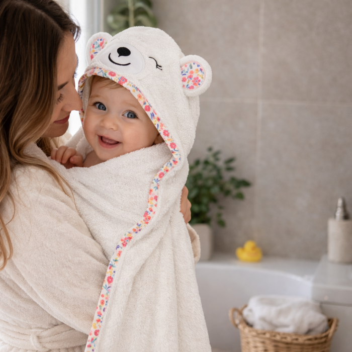 Prosop de Baie cu Gluga pentru Bebelusi din Bambus Super Absorbant si Moale FizioTab®, Tip Halat, 90X100 cm, 0-4 ani, Model Ursulet Alb/Roz Floral, Manusa inclusa [2]