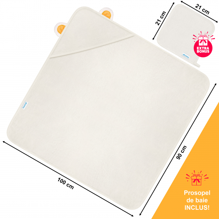 Prosop de Baie cu Gluga pentru Bebelusi din Bambus Super Absorbant si Moale FizioTab®, Tip Halat, 90X100 cm, 0-4 ani, Model Urechi Ursulet Maro [2]