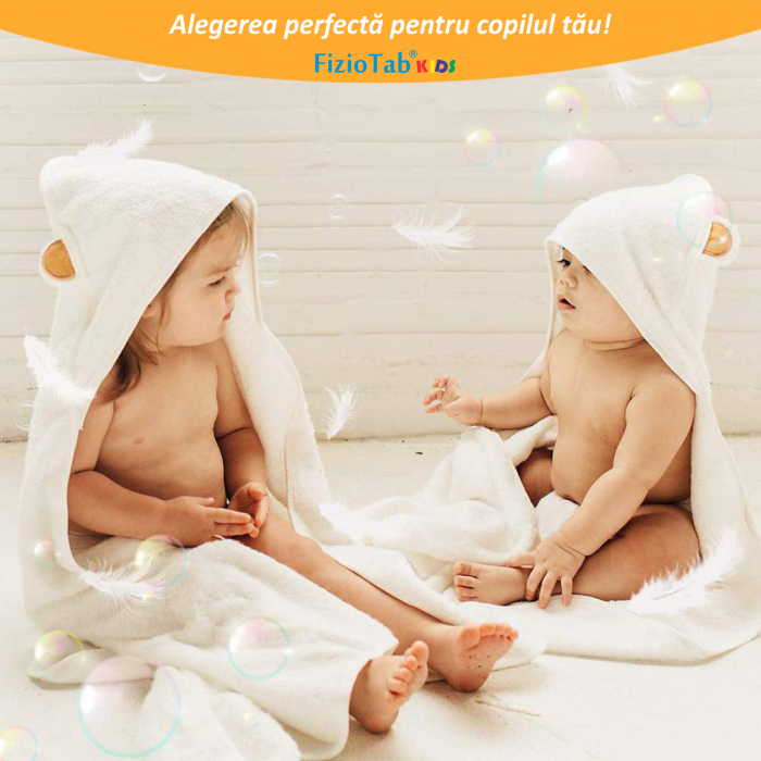 Prosop de Baie cu Gluga pentru Bebelusi din Bambus Super Absorbant si Moale FizioTab®, Tip Halat, 90X100 cm, 0-4 ani, Model Urechi Ursulet Maro [8]