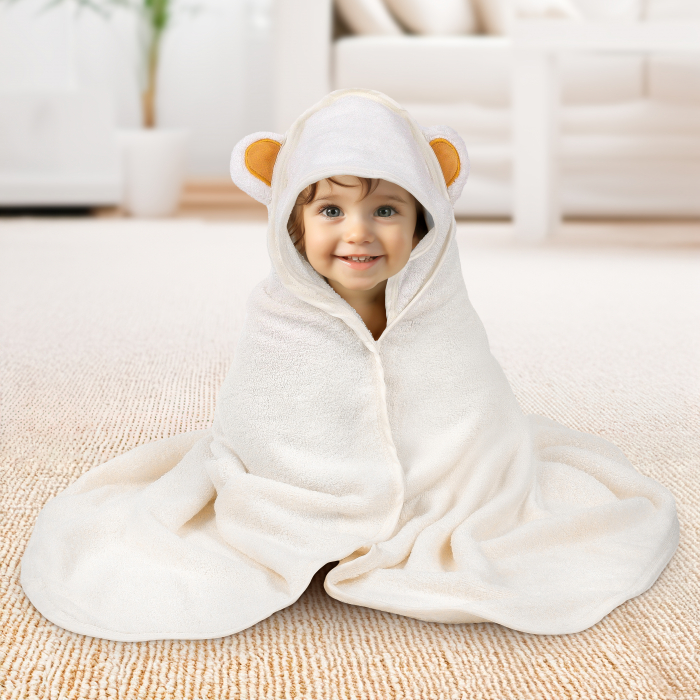 Prosop de Baie cu Gluga pentru Bebelusi din Bambus Super Absorbant si Moale FizioTab®, Tip Halat, 90X100 cm, 0-4 ani, Model Urechi Ursulet Maro [5]