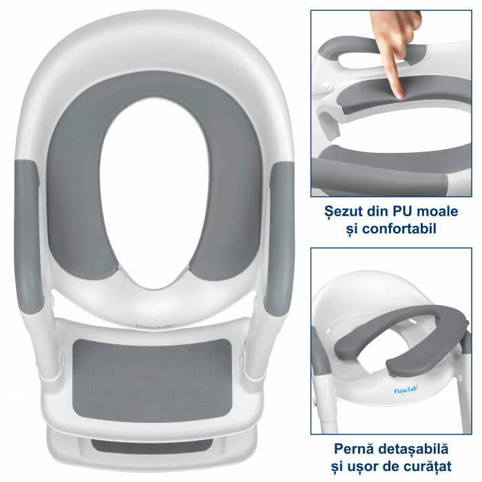 Reductor WC Copii cu Scarita Pliabil FizioTab®, cu Suprafata Antialunecare cu Cifre si Litere, Antiderapant, Portabil, Alb/Gri [3]
