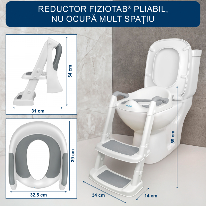 Reductor WC Copii cu Scarita Pliabil FizioTab®, cu Suprafata Antialunecare cu Cifre si Litere, Antiderapant, Portabil, Alb/Gri [2]