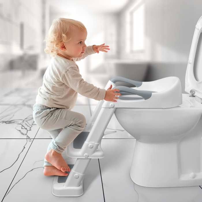 Reductor WC Copii cu Scarita Pliabil FizioTab®, cu Suprafata Antialunecare cu Cifre si Litere, Antiderapant, Portabil, Alb/Gri [5]