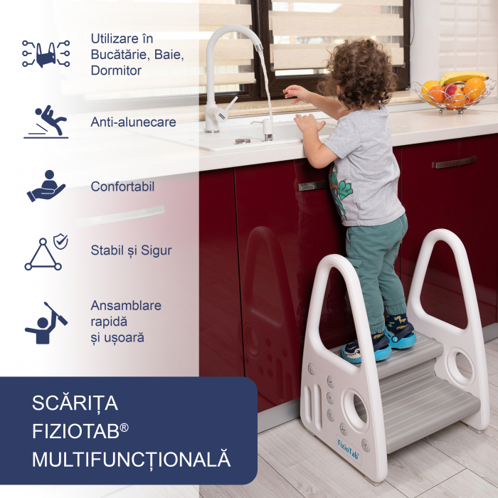 Scaunel Copii Inaltator Wc cu Manere, FizioTab®, Tip Scarita, cu Doua Trepte si Suprafata Antialunecare, Alb/Gri [2]