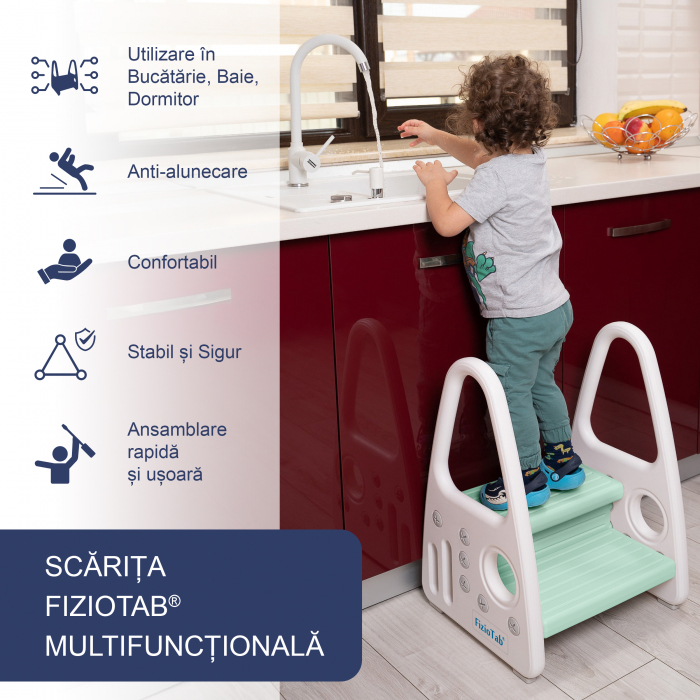 Scaunel Copii Inaltator Wc cu Manere, FizioTab®, Tip Scarita cu Doua Trepte si Suprafata Antialunecare, Alb/Verde [2]