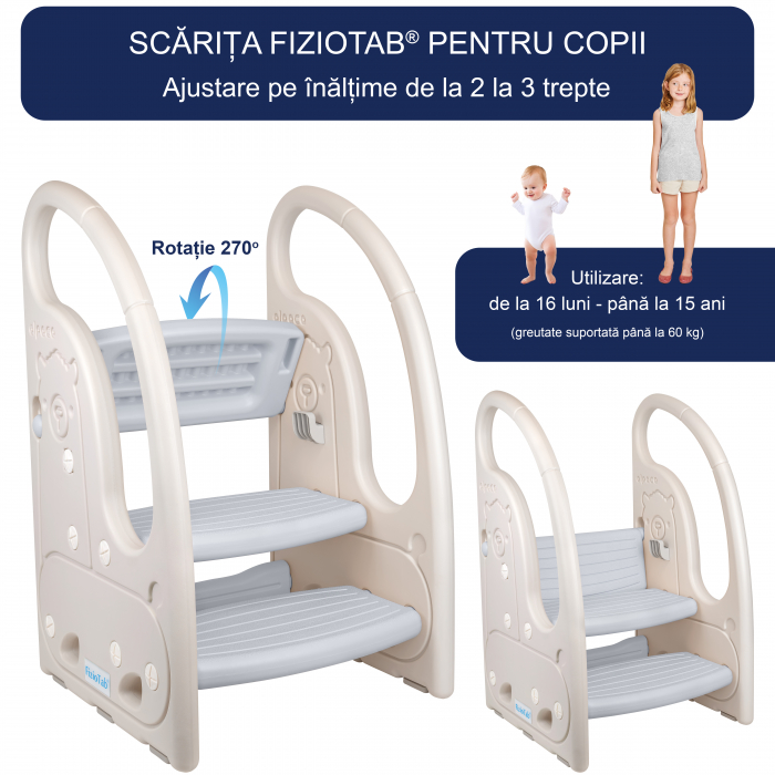 Scaunel Inaltator Copii cu Manere, FizioTab®, Tip Scara, cu Trei Trepte, Reversibila si Suprafata Anti-alunecare, Utilizare in Bucatarie, Baie, Alpaca Alb/Gri [3]