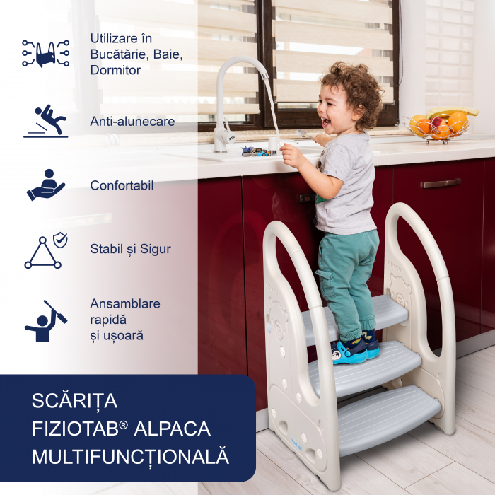 Scaunel Inaltator Copii cu Manere, FizioTab®, Tip Scara, cu Trei Trepte, Reversibila si Suprafata Anti-alunecare, Utilizare in Bucatarie, Baie, Alpaca Alb/Gri [2]