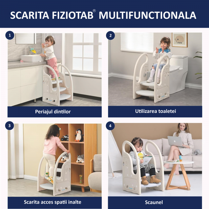 Scaunel Inaltator Copii cu Manere, FizioTab®, Tip Scara, cu Trei Trepte, Reversibila si Suprafata Anti-alunecare, Utilizare in Bucatarie, Baie, Alpaca Alb/Gri [6]