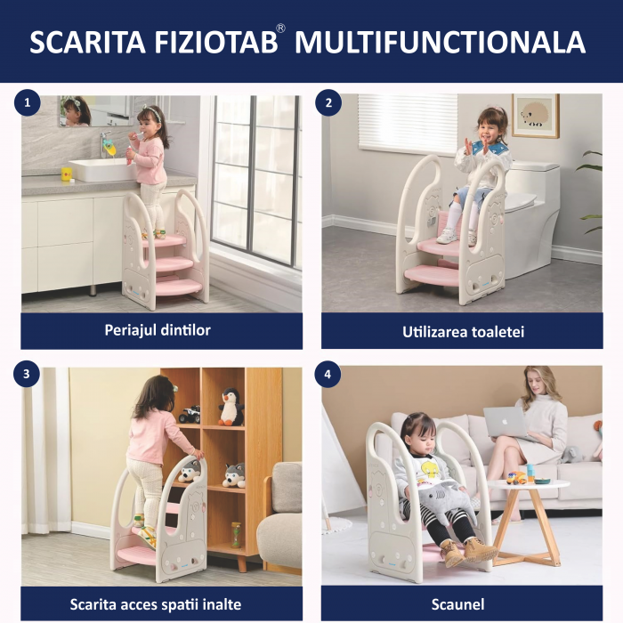 Scaunel Inaltator Copii cu Manere, FizioTab®, Tip Scara, cu Trei Trepte, Reversibila si Suprafata Anti-alunecare, Utilizare in Bucatarie, Baie, Alpaca Alb/Roz [6]