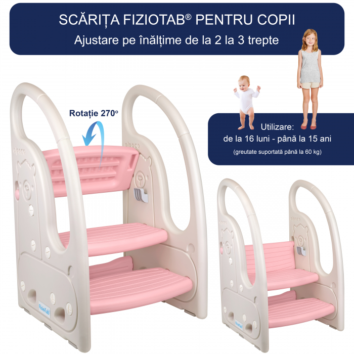 Scaunel Inaltator Copii cu Manere, FizioTab®, Tip Scara, cu Trei Trepte, Reversibila si Suprafata Anti-alunecare, Utilizare in Bucatarie, Baie, Alpaca Alb/Roz [3]