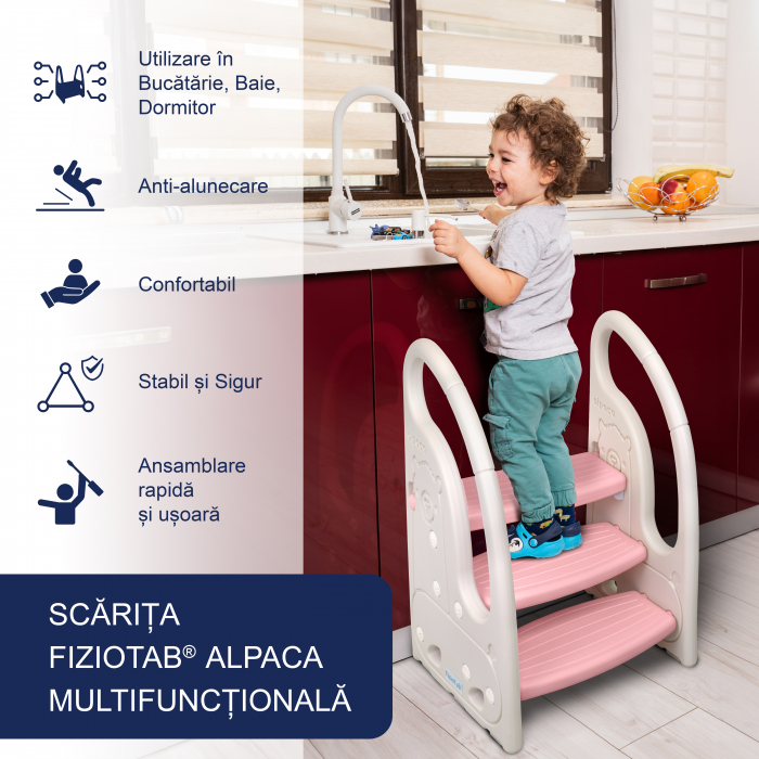 Scaunel Inaltator Copii cu Manere, FizioTab®, Tip Scara, cu Trei Trepte, Reversibila si Suprafata Anti-alunecare, Utilizare in Bucatarie, Baie, Alpaca Alb/Roz [2]