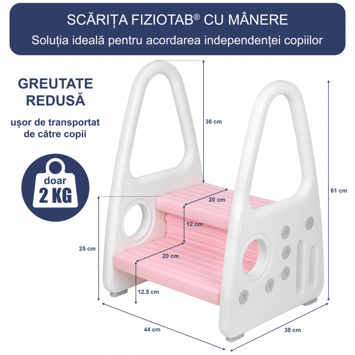 Scaunel Inaltator Copii FizioTab® cu Manere, Doua Trepte, Suprafata Anti-alunecare, pentru Baie/Bucatarie, Alb/Roz [4]