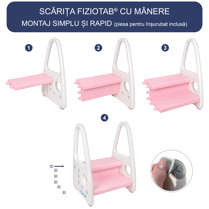 Scaunel Inaltator Copii FizioTab® cu Manere, Doua Trepte, Suprafata Anti-alunecare, pentru Baie/Bucatarie, Alb/Roz [5]