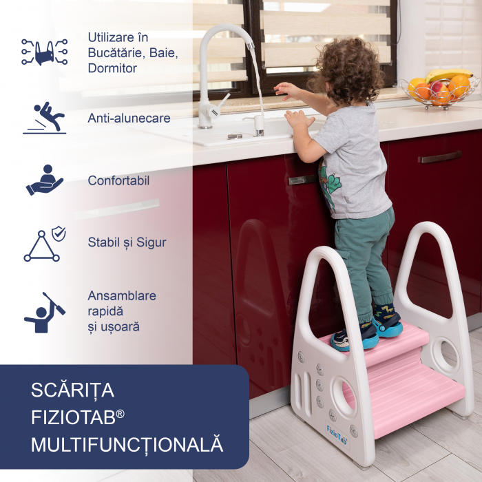 Scaunel Inaltator Copii FizioTab® cu Manere, Doua Trepte, Suprafata Anti-alunecare, pentru Baie/Bucatarie, Alb/Roz [2]