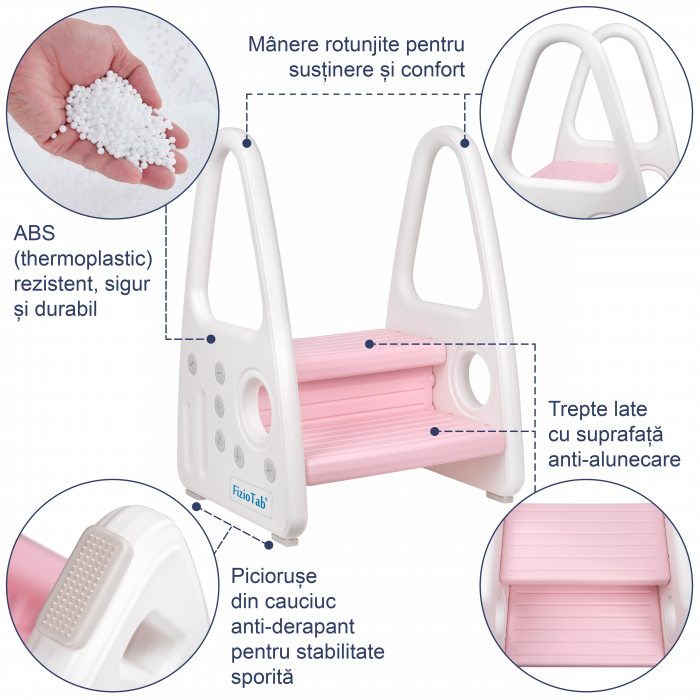 Scaunel Inaltator Copii FizioTab® cu Manere, Doua Trepte, Suprafata Anti-alunecare, pentru Baie/Bucatarie, Alb/Roz [3]