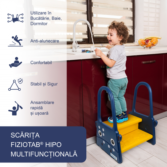 Scaunel Inaltator Copii FizioTab® cu Manere, Doua Trepte, Suprafata Anti-alunecare, pentru Baie/Bucatarie, Hipo Albastru Inchis/Galben [2]
