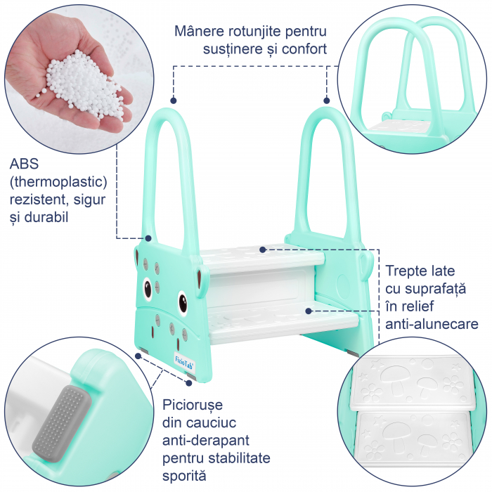Scaunel Inaltator Copii FizioTab® cu Manere, Doua Trepte, Suprafata Anti-alunecare, pentru Baie/Bucatarie, Hipo Albastru Turcoaz [3]