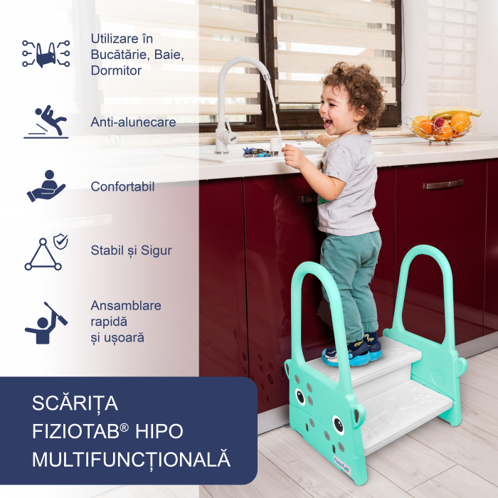 Scaunel Inaltator Copii FizioTab® cu Manere, Doua Trepte, Suprafata Anti-alunecare, pentru Baie/Bucatarie, Hipo Albastru Turcoaz [2]