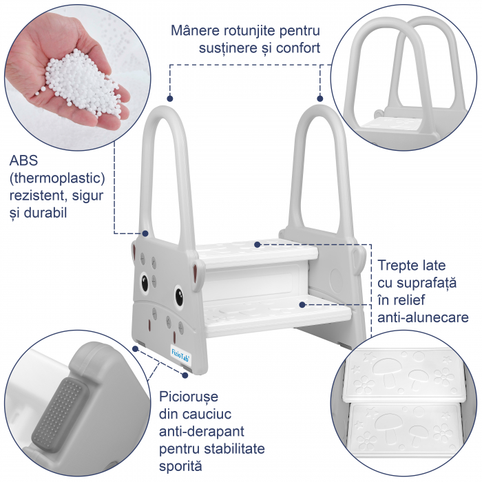 Scaunel Inaltator Copii FizioTab® cu Manere, Doua Trepte, Suprafata Anti-alunecare, pentru Baie/Bucatarie, Hipo Gri [3]