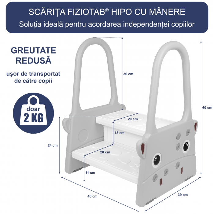 Scaunel Inaltator Copii FizioTab® cu Manere, Doua Trepte, Suprafata Anti-alunecare, pentru Baie/Bucatarie, Hipo Gri [5]