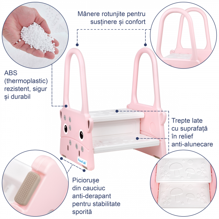 Scaunel Inaltator Copii FizioTab® cu Manere, Doua Trepte, Suprafata Anti-alunecare, pentru Baie/Bucatarie, Hipo Roz [3]