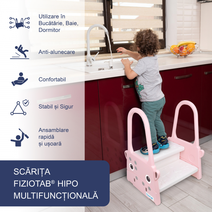 Scaunel Inaltator Copii FizioTab® cu Manere, Doua Trepte, Suprafata Anti-alunecare, pentru Baie/Bucatarie, Hipo Roz [2]