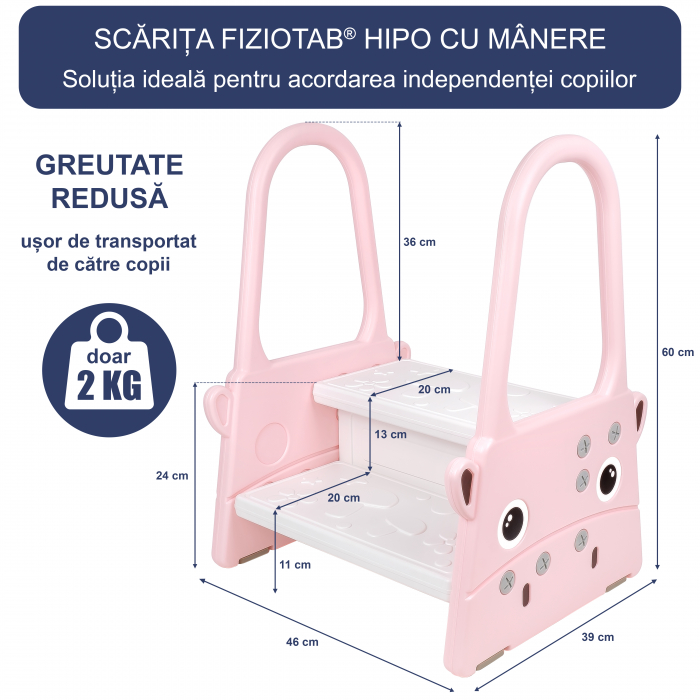 Scaunel Inaltator Copii FizioTab® cu Manere, Doua Trepte, Suprafata Anti-alunecare, pentru Baie/Bucatarie, Hipo Roz [5]