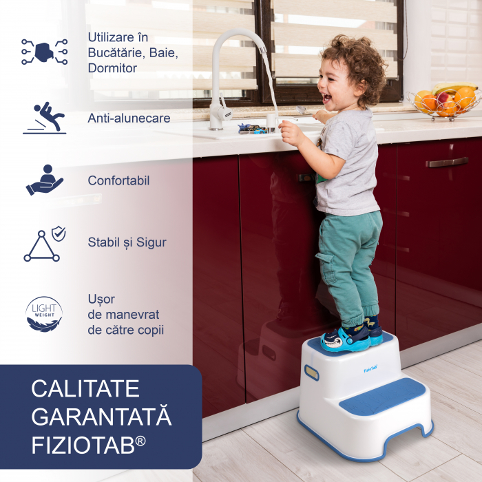 Scaunel Inaltator Copii FizioTab® in Doua Trepte, Suprafata Antialunecare cu Cifre si Litere, pentru Bucatarie/Baie, Albastru [2]