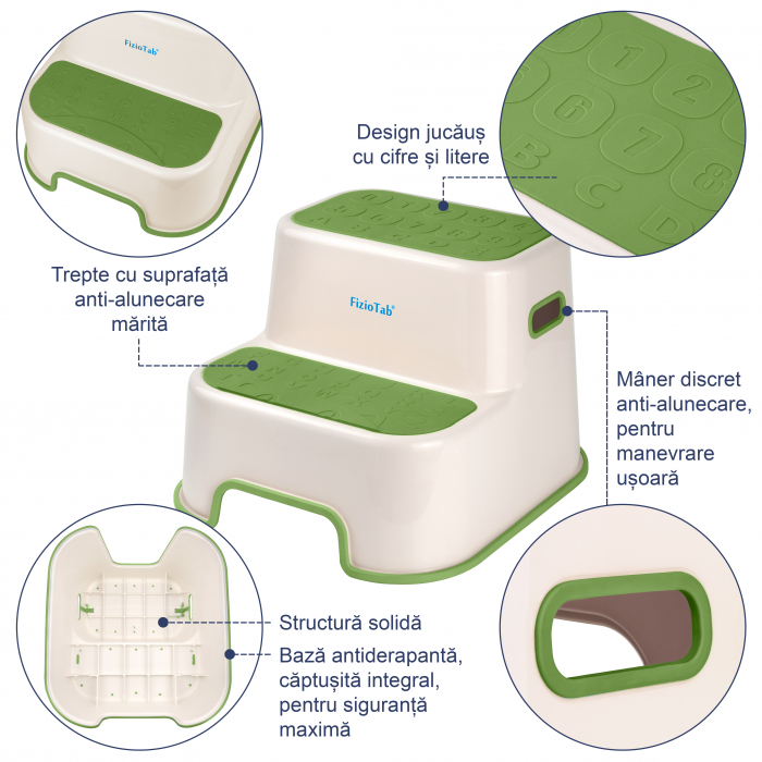 Scaunel Inaltator Copii FizioTab® in Doua Trepte, Suprafata Antialunecare cu Cifre si Litere, pentru Bucatarie/Baie, Verde [3]