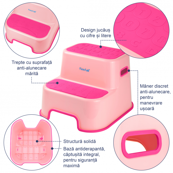 Scaunel Inaltator WC in Doua Trepte FizioTab®, cu Suprafata Antialunecare cu Cifre si Litere, Multifunctional, Roz [3]