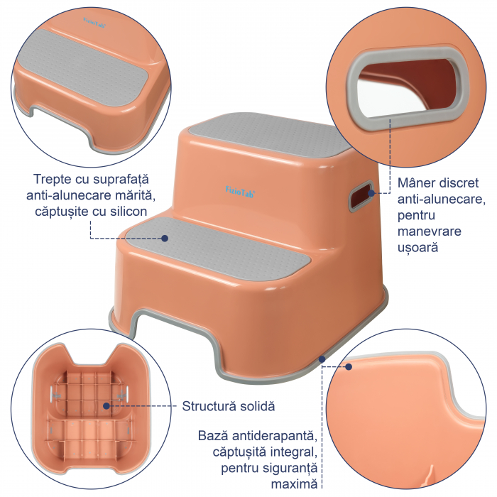 Scaunel Inaltator WC in Doua Trepte FizioTab®, Suprafata Antialunecare, Taburet Inaltator Chiuveta Copii, Maro/Gri [3]