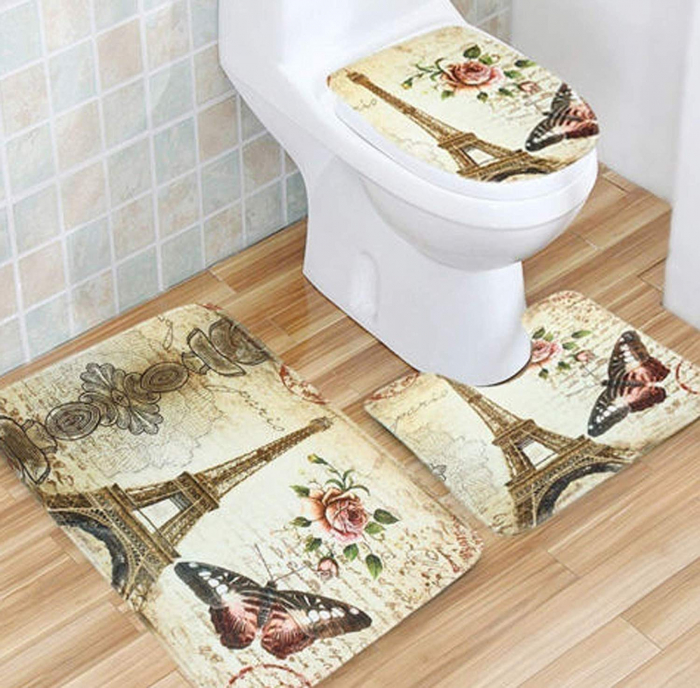 Set 3 Bucati Covorase Baie FizioTab, Antiderapante, Model Turnul Eiffel cu Fluturi, Multicolor [6]