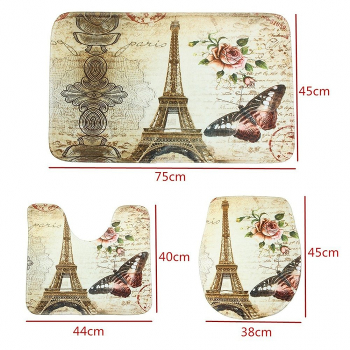 Set 3 Bucati Covorase Baie FizioTab, Antiderapante, Model Turnul Eiffel cu Fluturi, Multicolor [2]