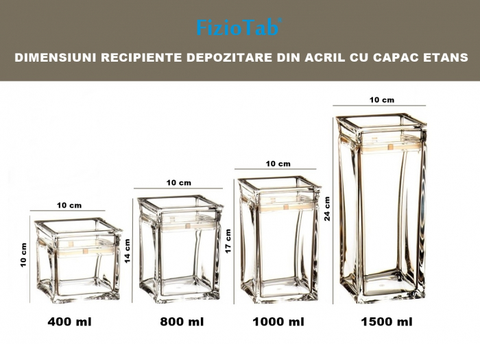 Set 4 Recipiente FizioTab® din Acril pentru Depozitare Alimente, Borcan cu Capac Etans, Transparent, 1500ml/1000ml/800ml/400ml [3]