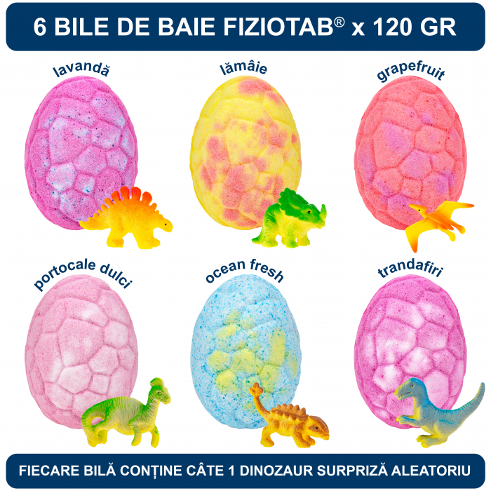 Set 6 Bombe de Baie Efervescente cu Surpiza in Interior, Arome si Culori Diferite, FizioTab® Dino Bath Bombs, Bile de Baie pentru Copii cu Uleiuri Esentiale [4]